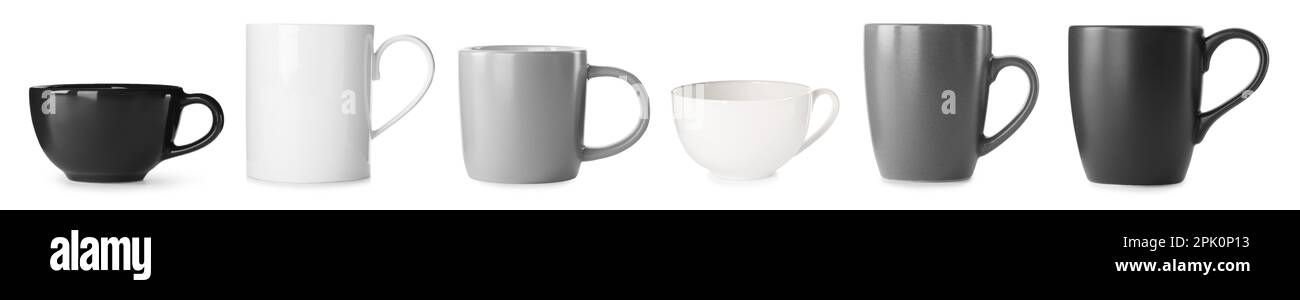 Set with different beautiful cups on white background. Banner design ...