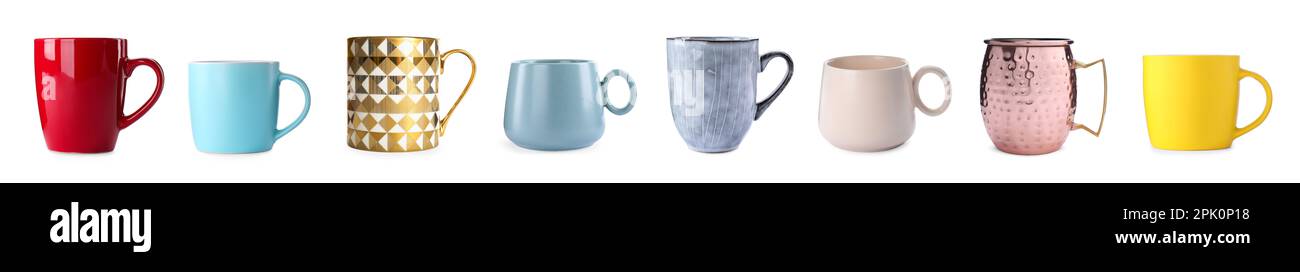 Set with different beautiful cups on white background. Banner design ...