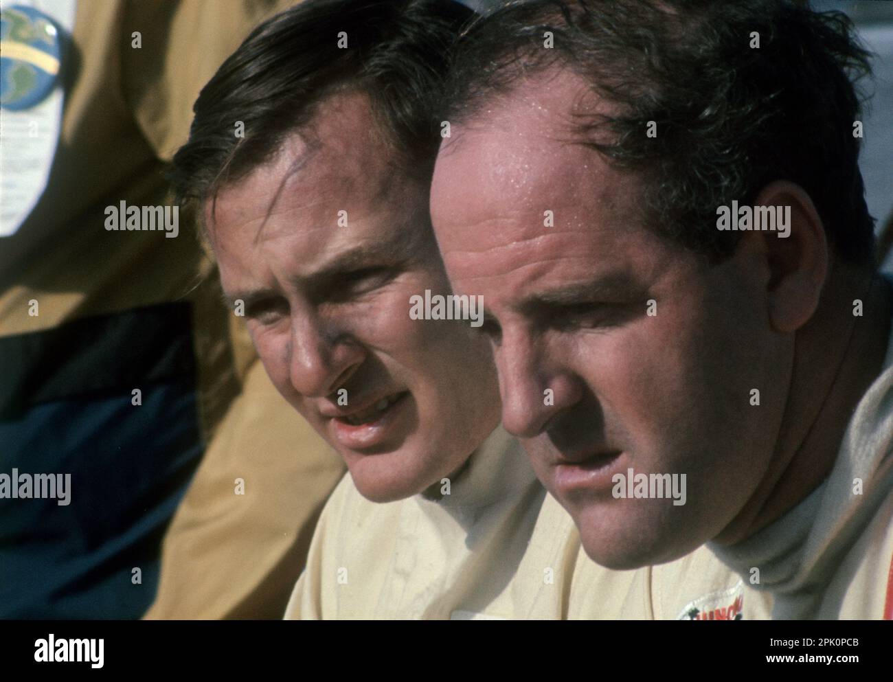 New Zeland racing drivers Bruce McLaren (left) and Denny Hulme (1967 Fomula 1 world champion). Stock Photo