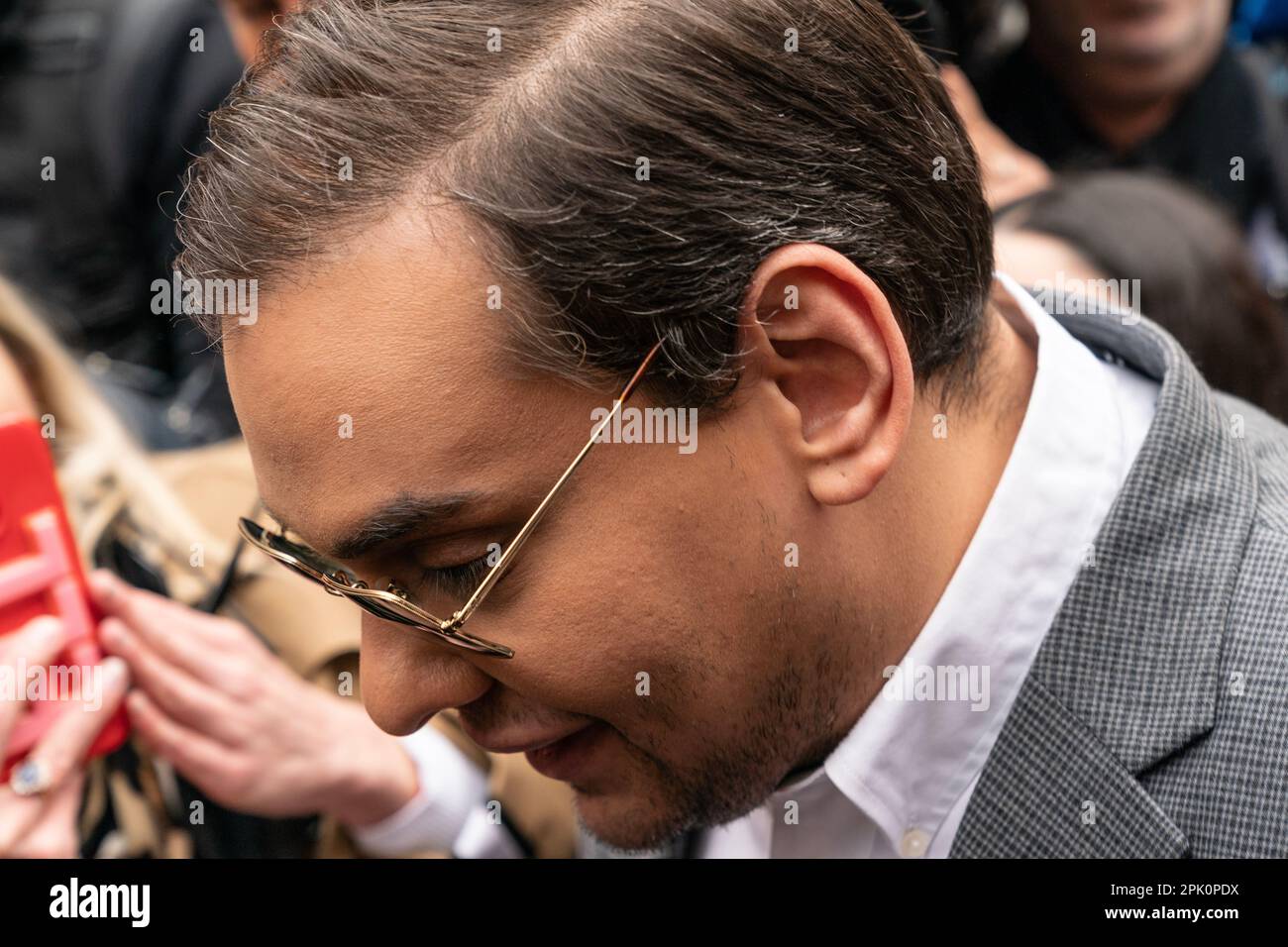 Congressman George Santos attends pro-Trump supporters rally at New York criminal court on April 4, 2023 during appearance by Former President Donald Trump Jr. Stock Photo