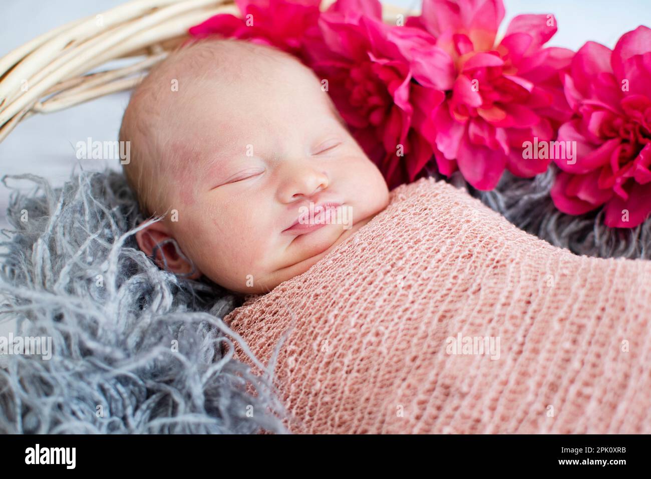 Sleeping white caucasian newborn baby close up. Angel's kiss, stork
