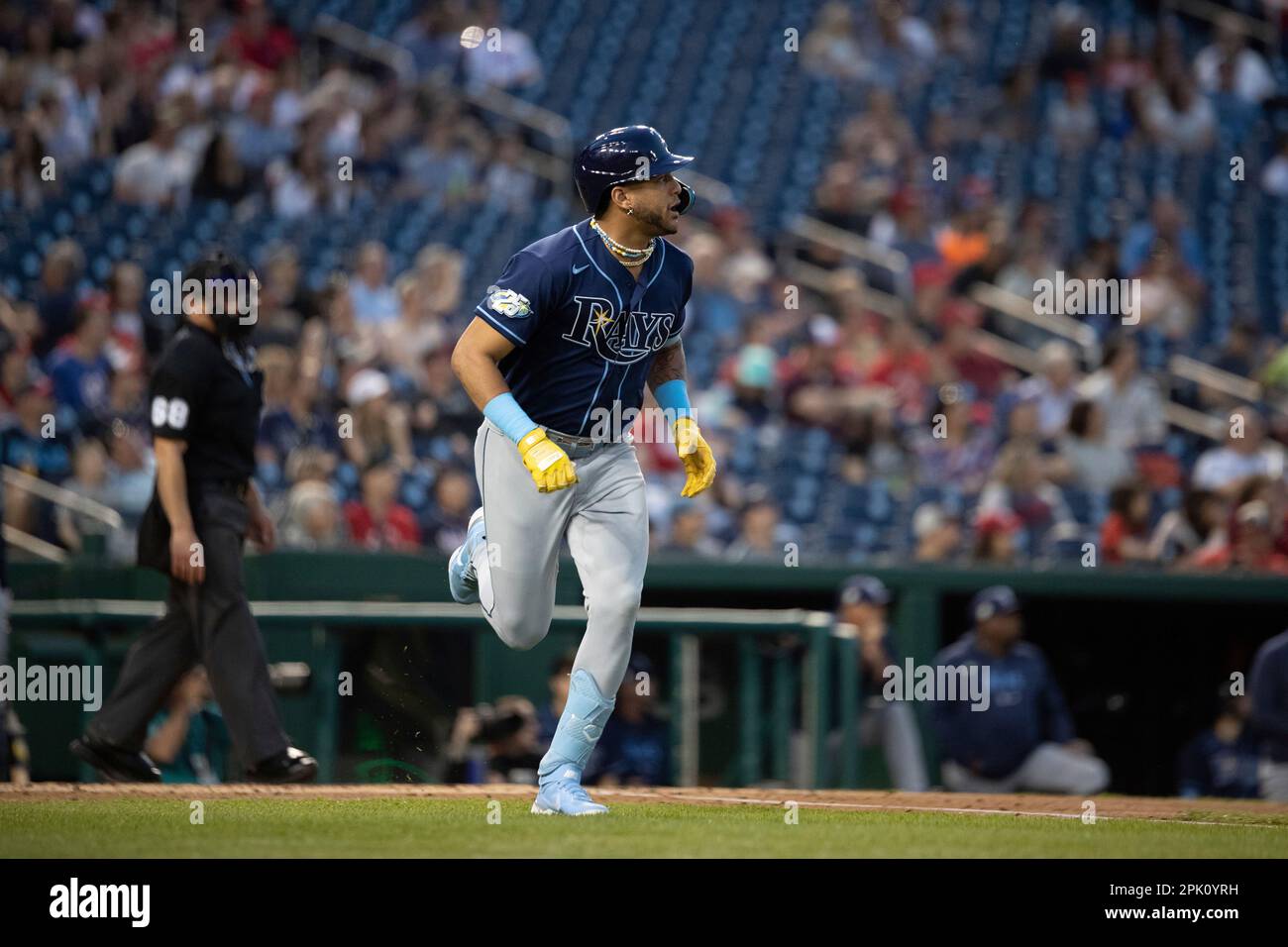 WASHINGTON, DC - APRIL 04: Tampa Bay Rays center fielder Jose Siri (22)  focuses on the pitcher during the Tampa Bay Rays versus Washington  Nationals MLB game at Nationals Park on April