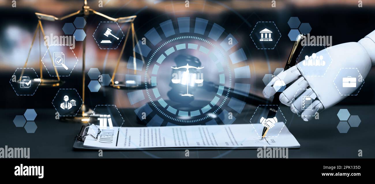 AI related law concept shown by robot hand using lawyer working tools