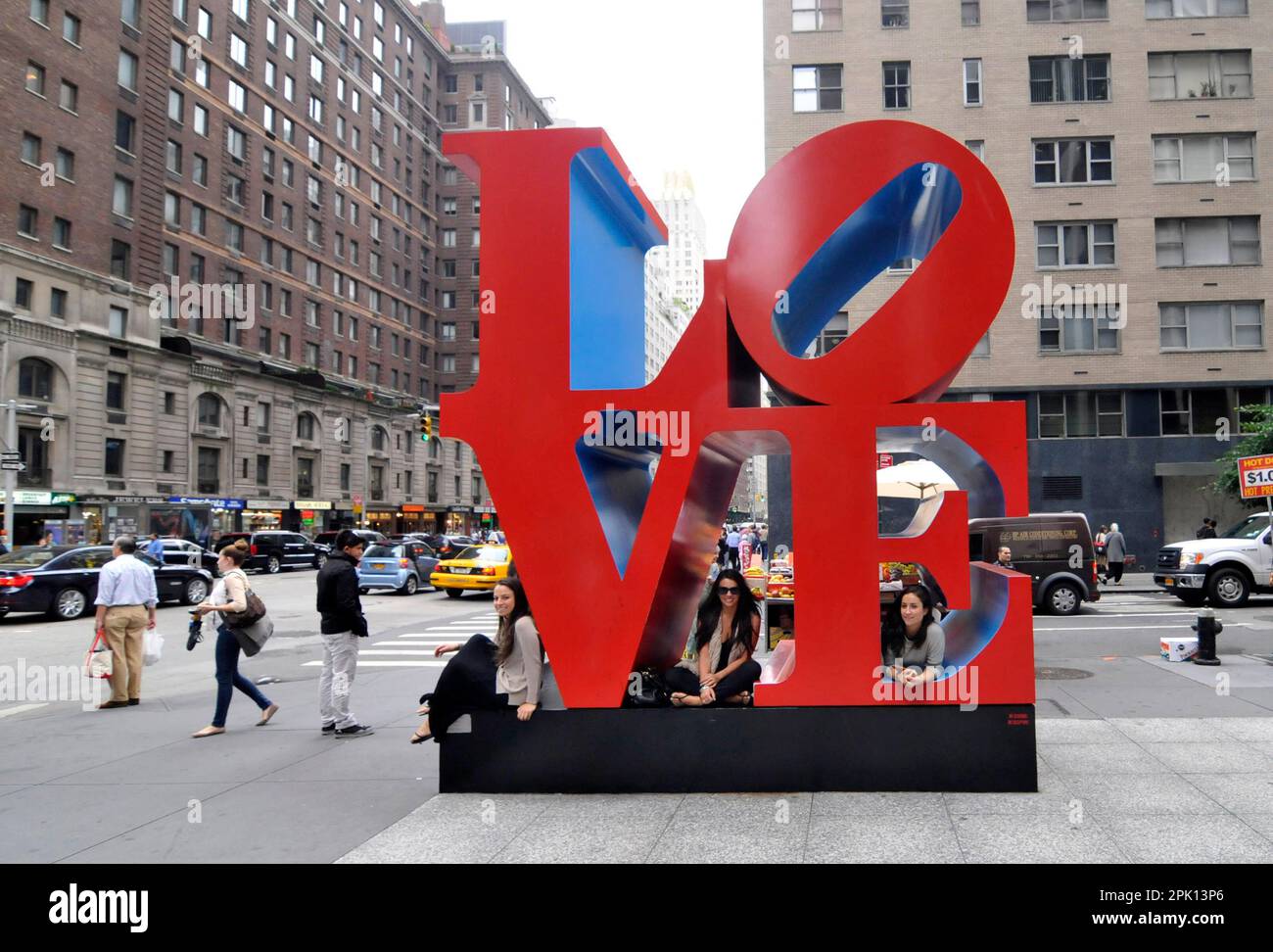 LOVE sculpture Manhattan on the corner of 55th and 6th Avenue in Manhattan, New York City, NY, USA. Stock Photo