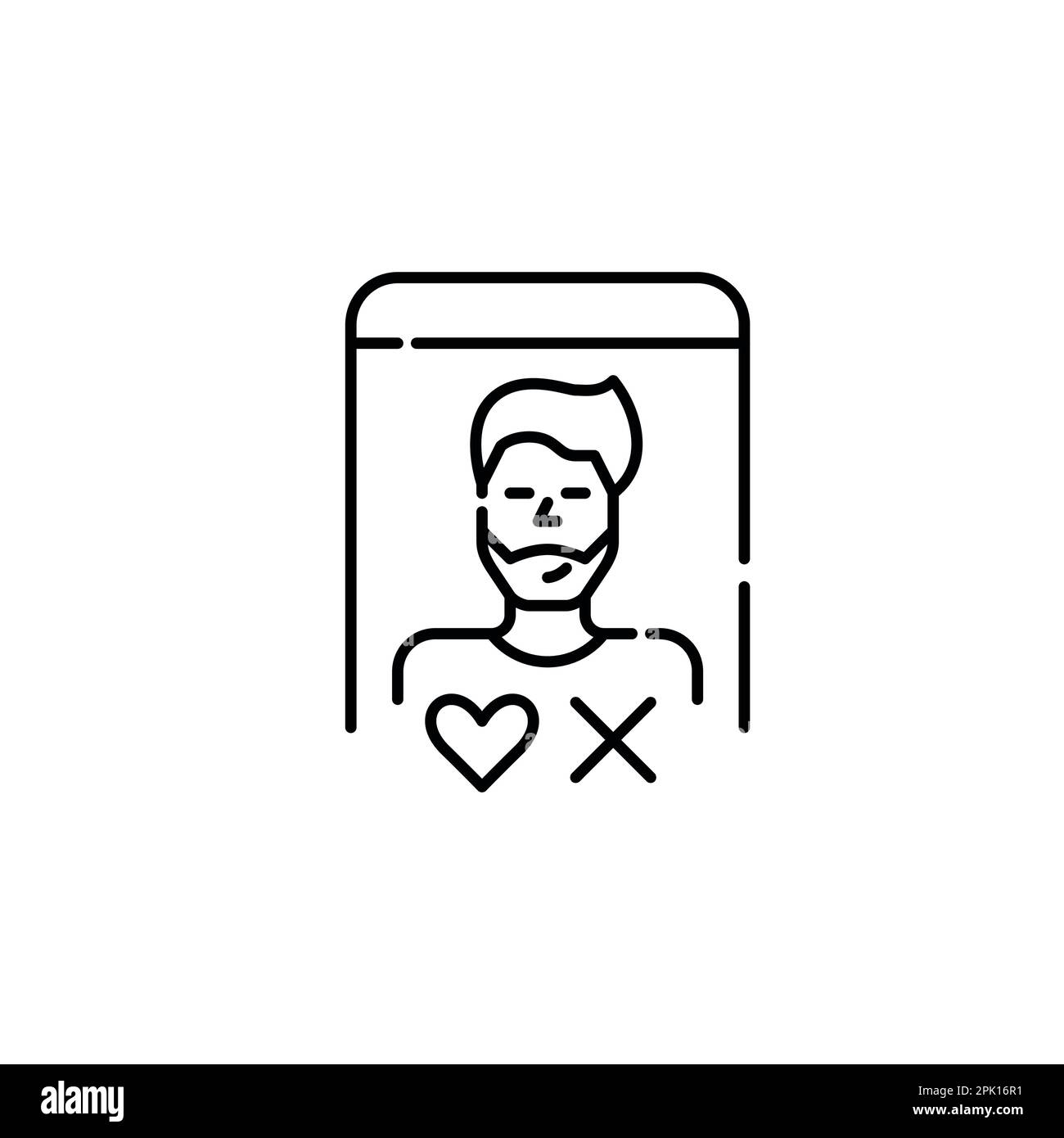 Dating app guy user. Possible match with heart and cross as yes or no symbols. Pixel perfect, editable stroke icon Stock Vector
