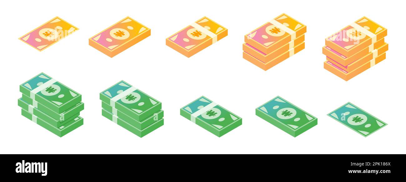 Korean Won Banknote Isometric Icon Set Stock Vector