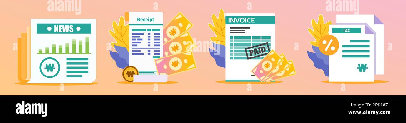 Korean Won Receipt and Documents Illustration Stock Vector