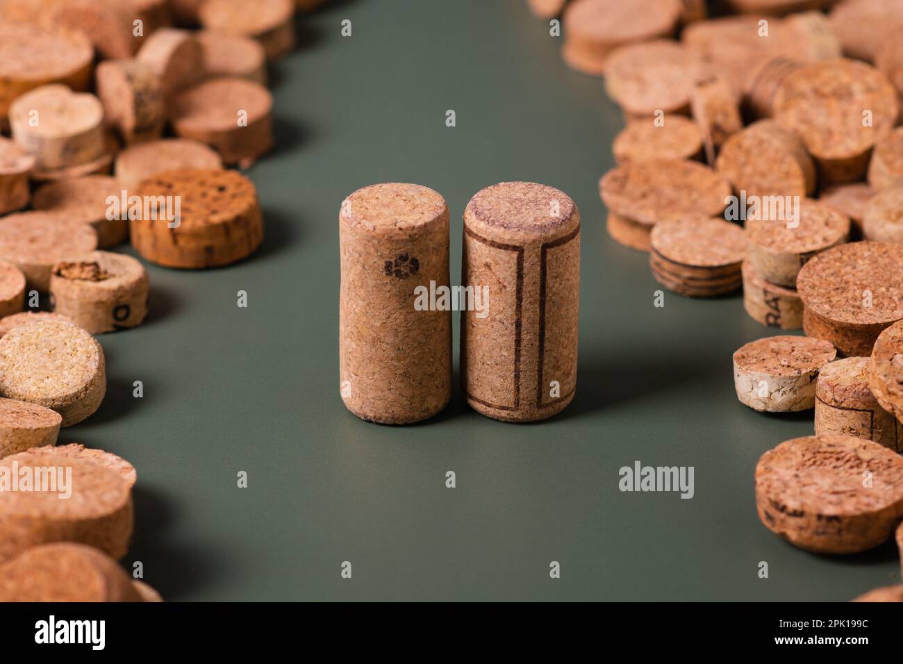 Recycling symbol and wine cork for secondary use. Preservation of the