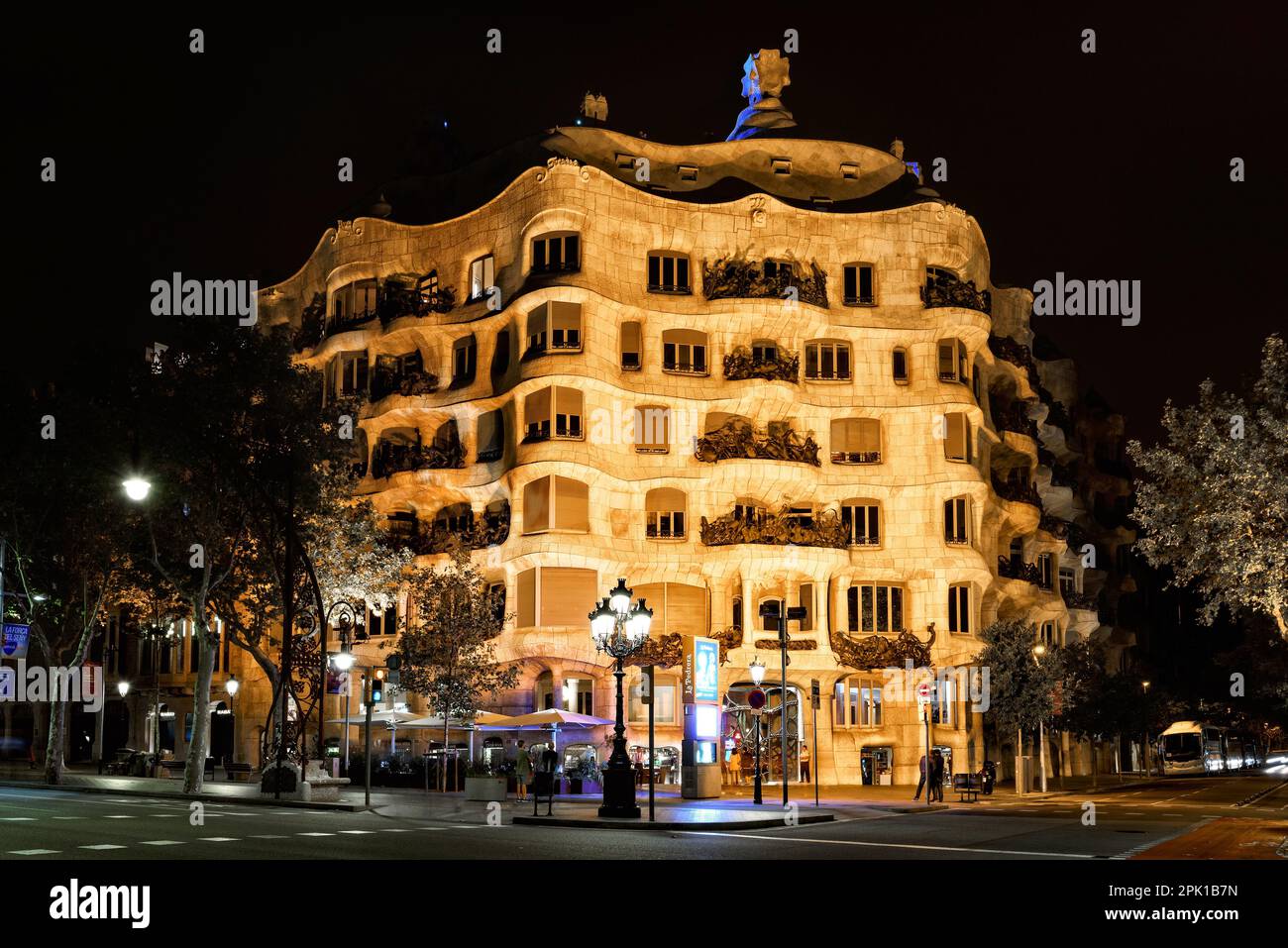 Night view of Casa Mila or La Pedrera. This building was designed by
