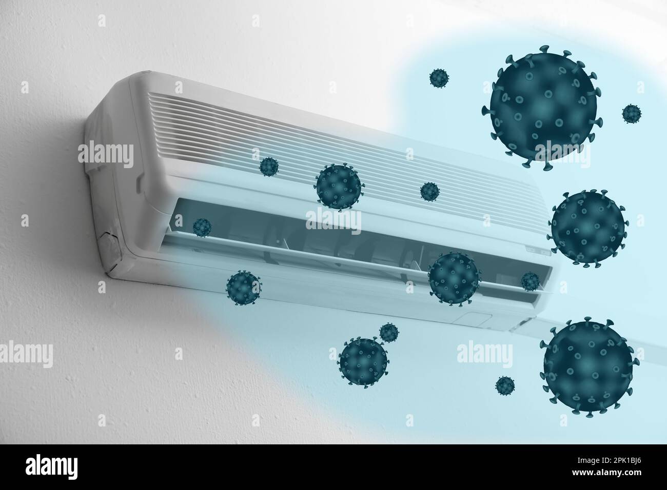 Spreading of viruses. Contaminated air conditioner on white wall