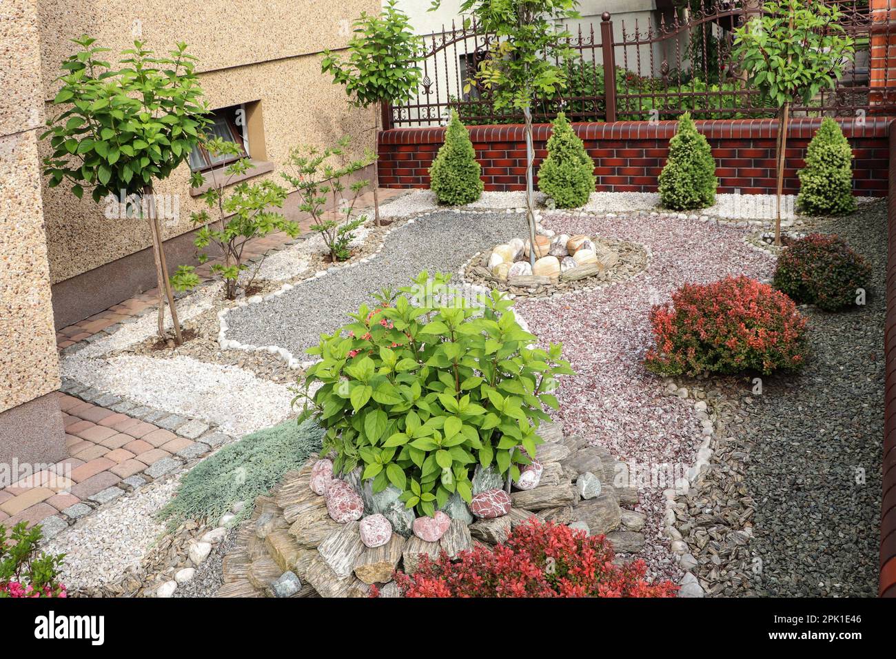 Beautiful gravel garden with different plants in yard Stock Photo - Alamy