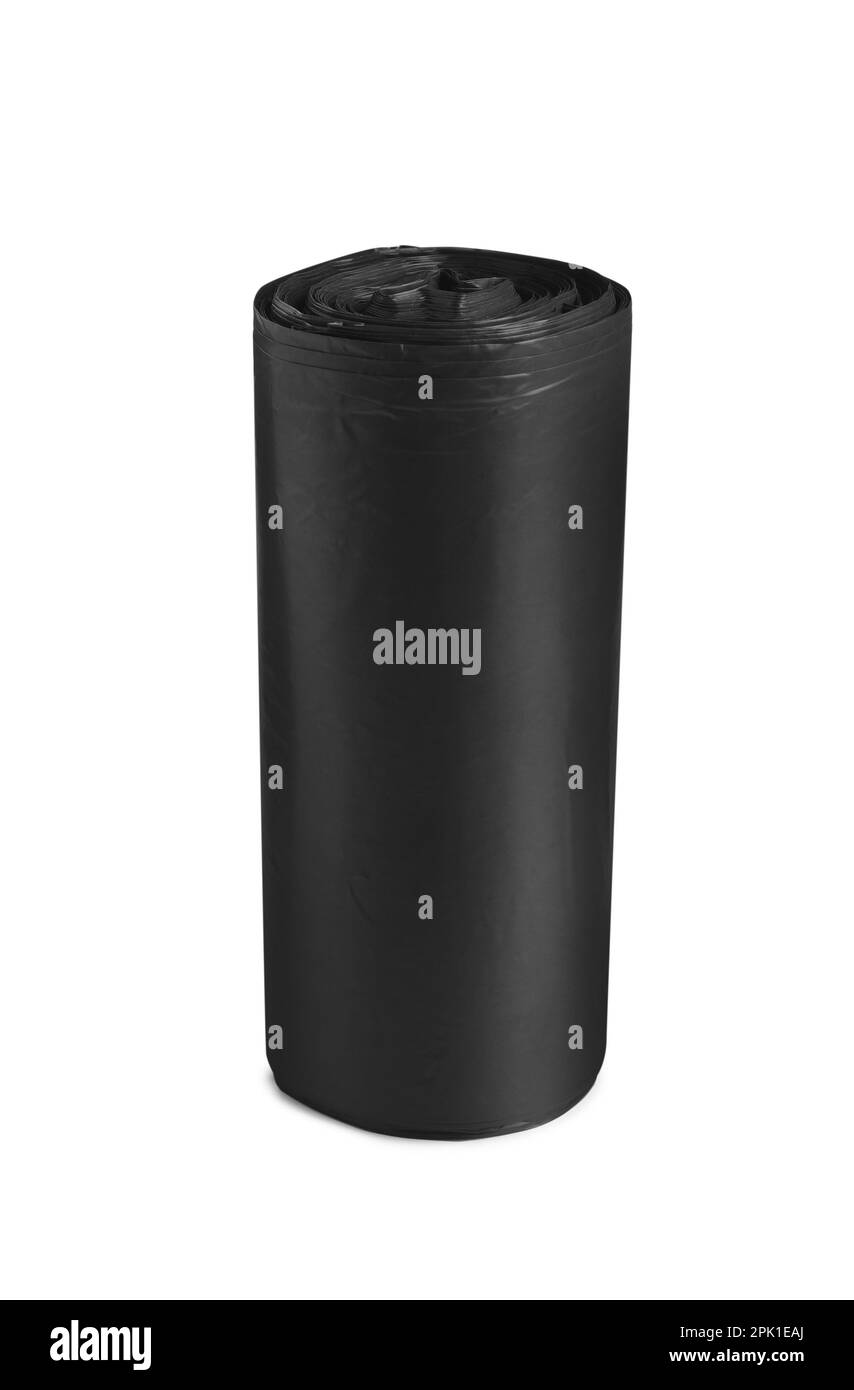 Roll of black garbage bags on white background. Cleaning supplies Stock