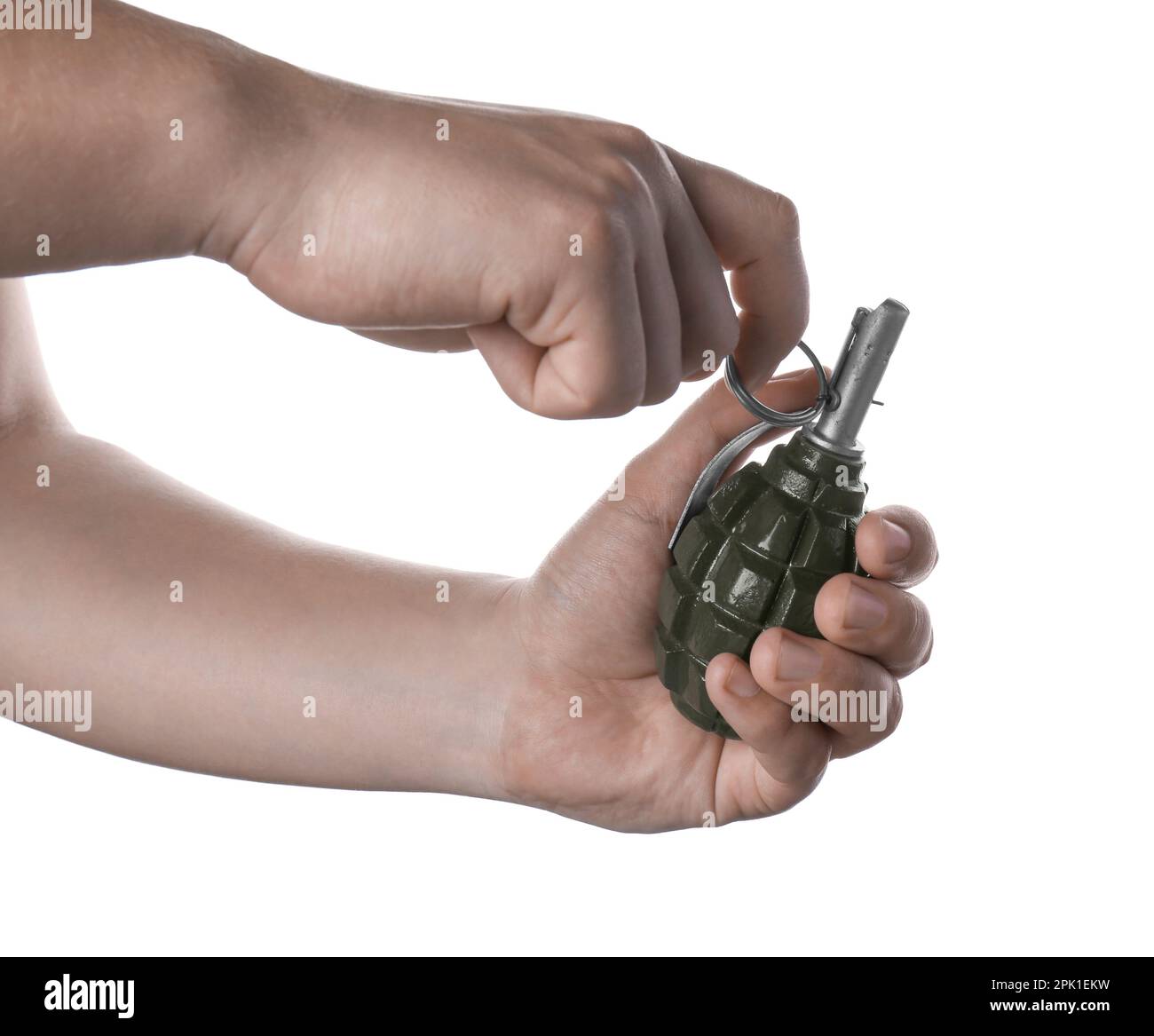 man-pulling-safety-pin-out-of-hand-grenade-on-white-background-closeup