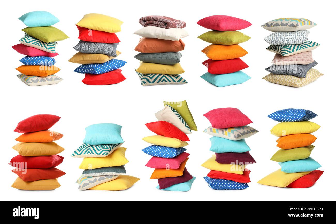 Set with different stylish decorative pillows on white background Stock Photo