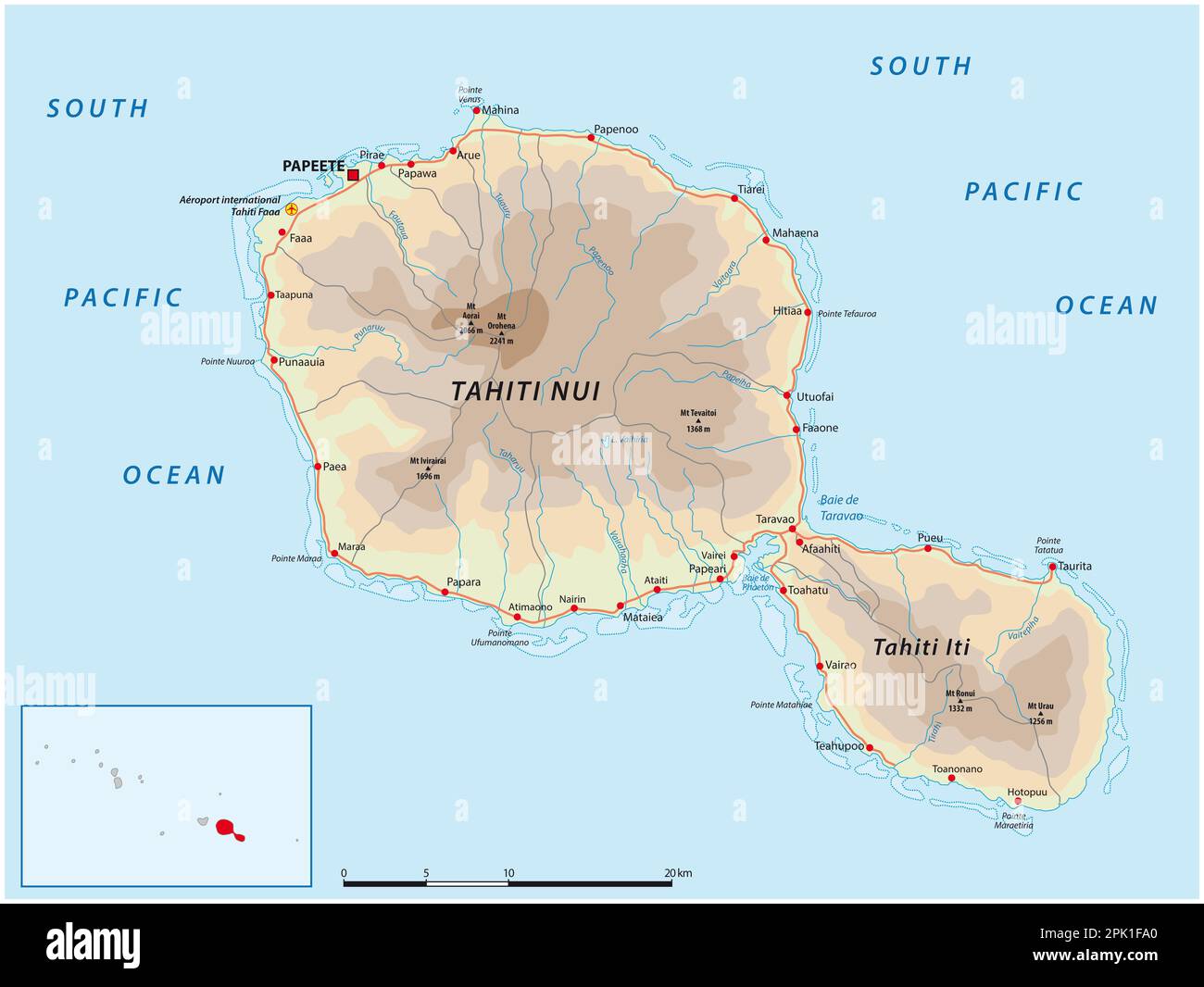 Tahiti road map, Society Islands, France Stock Photo