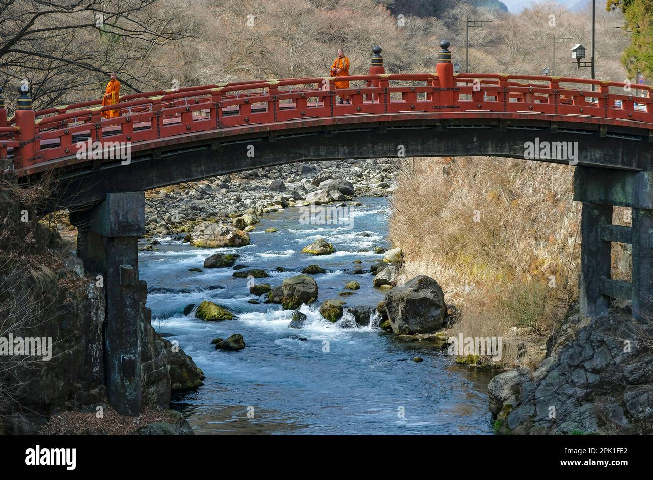 Nikko, Japan - March 11, 2023: Buddhist monks on the Shinkyo
