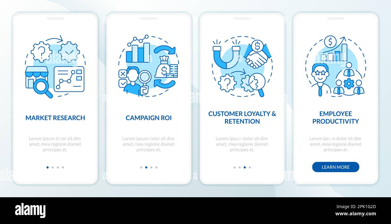 Causal research examples blue onboarding mobile app screen Stock Vector