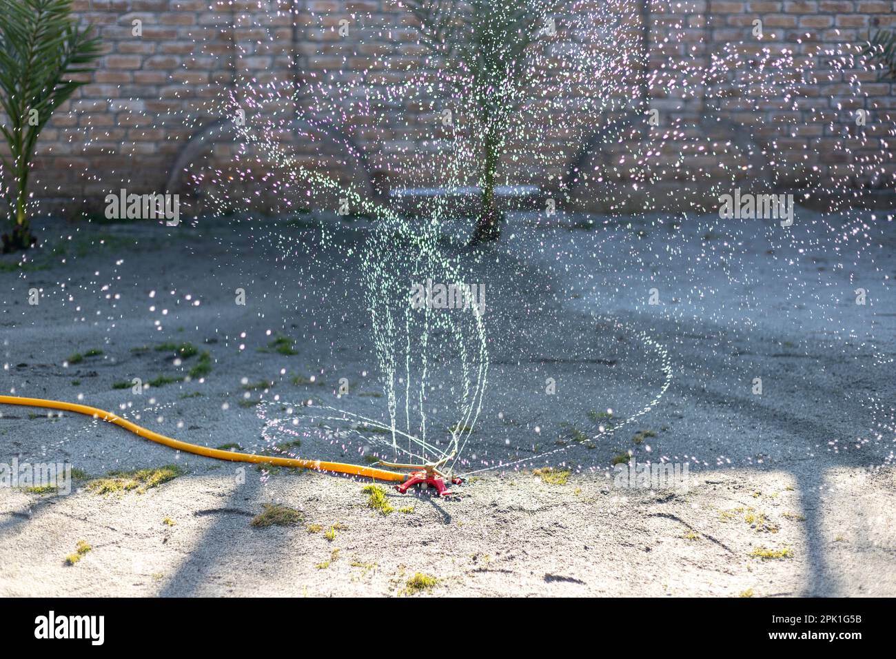 Garden lawn sprinkler in action watering the grass Stock Photo
