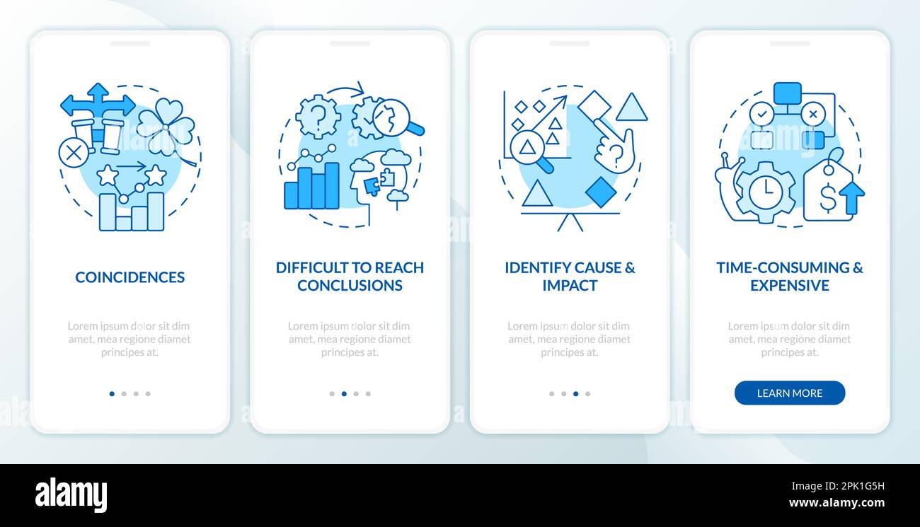 Causal research disadvantages blue onboarding mobile app screen Stock Vector