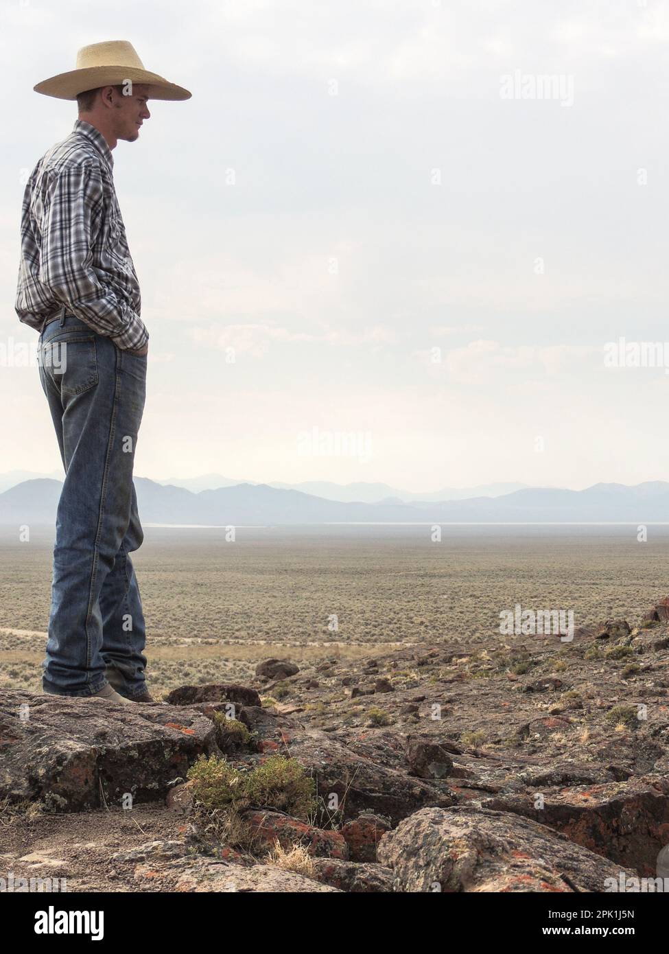 Desatoya Wild Horse Gather - Day Two - Cowboy with impressive hat looks over landscape with copy space. Stock Photo