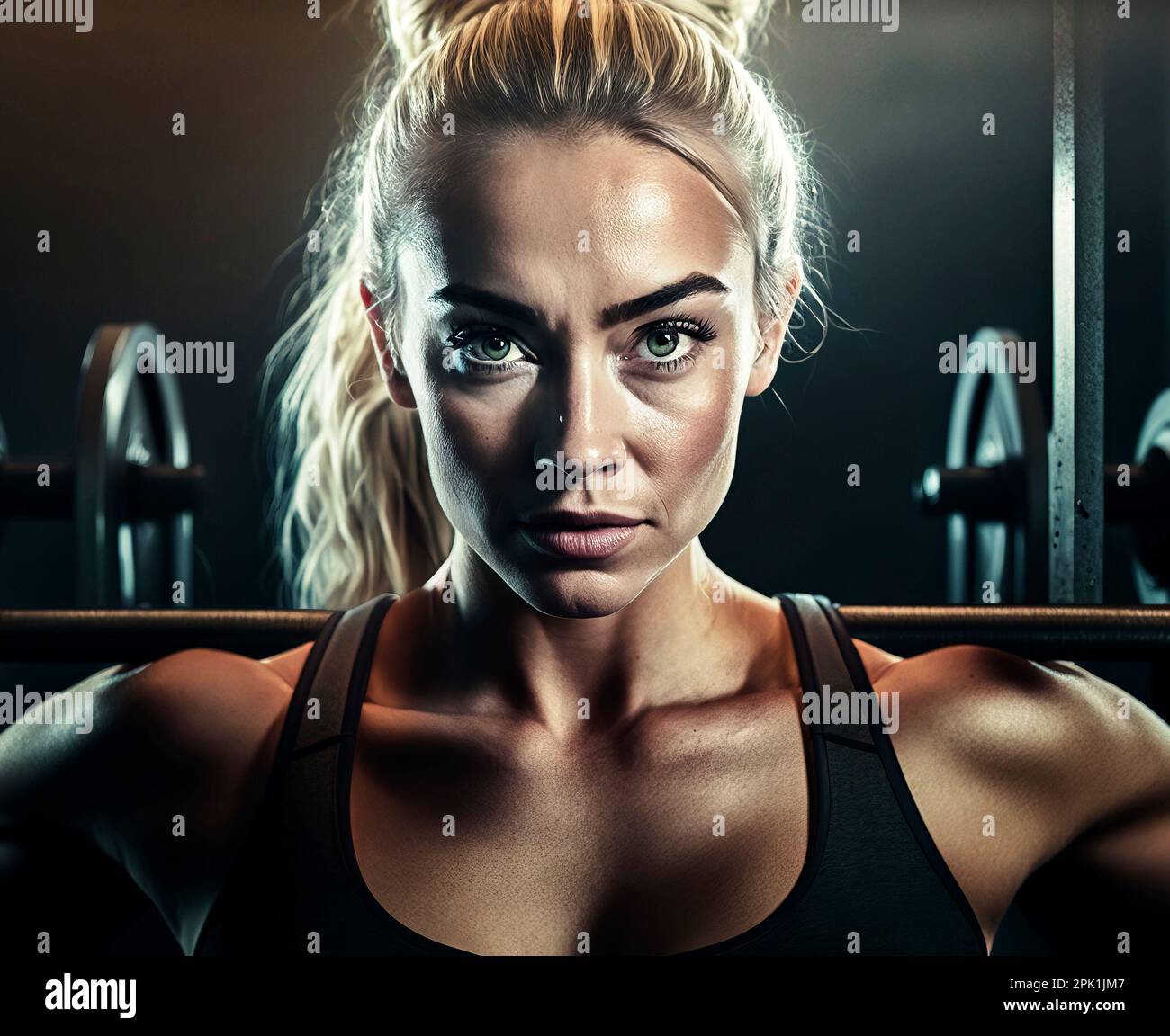 A young adult woman with a muscular build and determination exercises