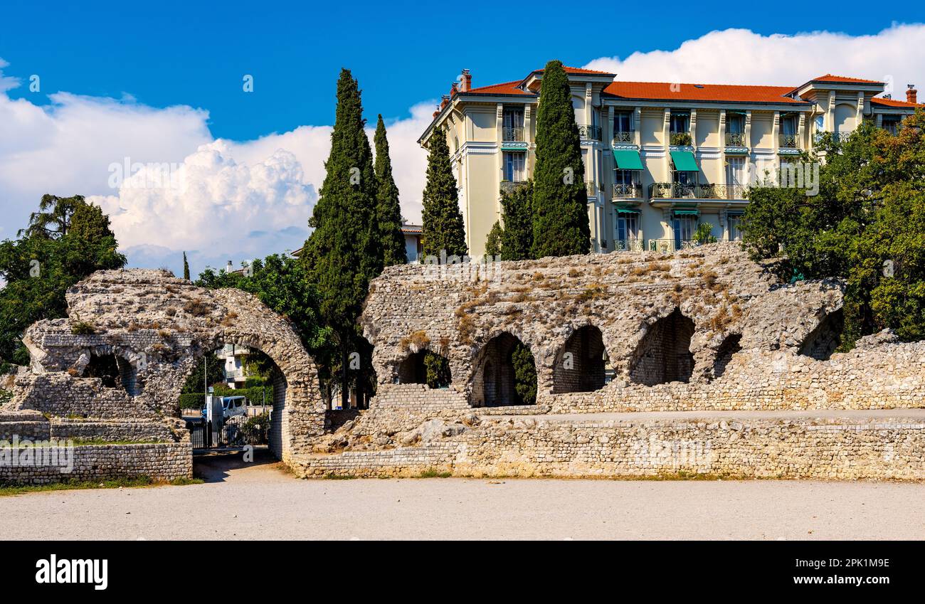 Nice, France August 7, 2022 Ancient Roman Amphitheater in Cemenelum