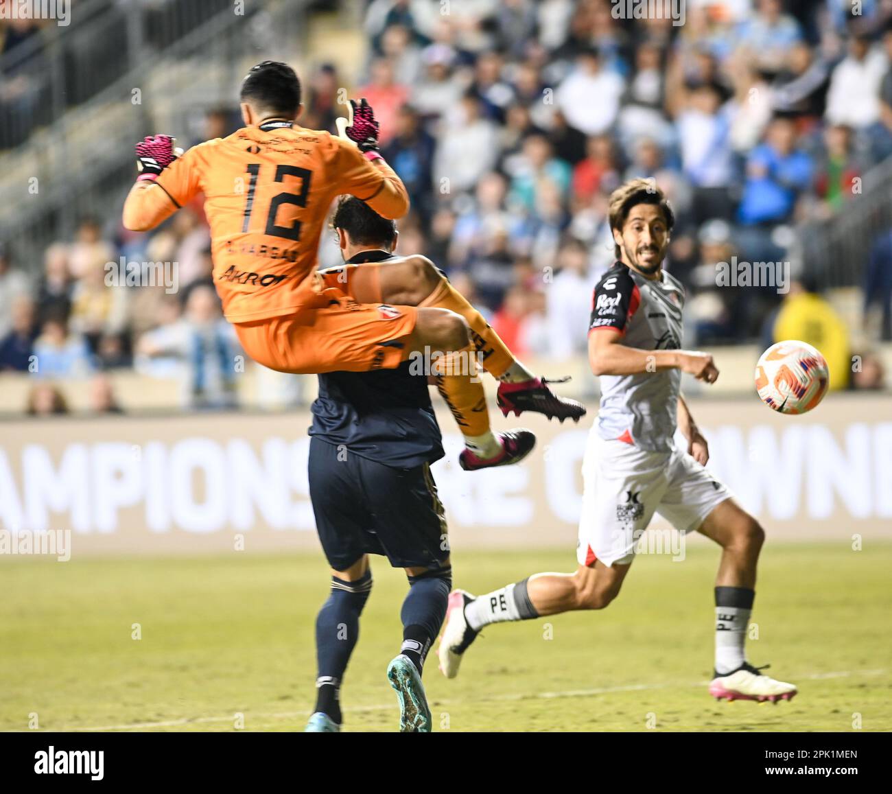 Chester, Pennsylvania, USA. 4th Apr, 2023. April 6, 2023, Chester PA- Philadelphia Union player, JULIAN CARRANZA (9) in action against Atlas FC player, CAMILO VARGAS (12) during the first leg of the Concacaf quarter final match held at Subaru Park in Chester PA (Credit Image: © Ricky Fitchett/ZUMA Press Wire) EDITORIAL USAGE ONLY! Not for Commercial USAGE! Stock Photo