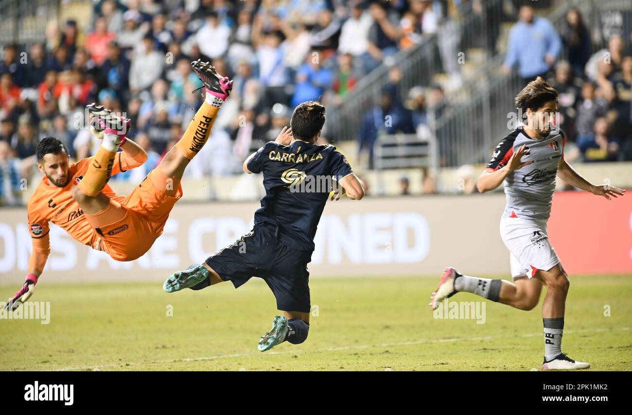 Chester, Pennsylvania, USA. 4th Apr, 2023. Philadelphia Union player, JULIAN CARRANZA (9) in action against Atlas FC player, CAMILO VARGAS (12) during the first leg of the Concacaf quarter final match held at Subaru Park in Chester PA (Credit Image: © Ricky Fitchett/ZUMA Press Wire) EDITORIAL USAGE ONLY! Not for Commercial USAGE! Stock Photo