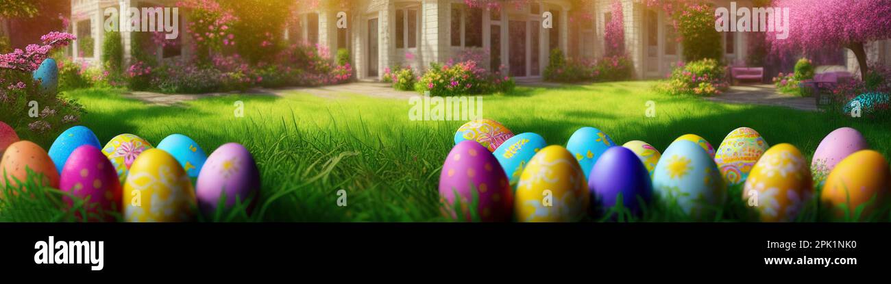 Fresh spring background with easter eggs banner green juicy meadow. Colored Easter eggs hidden flowers grass.Easter concept. Spring summer background with fresh grass against blue sky with. Stock Photo