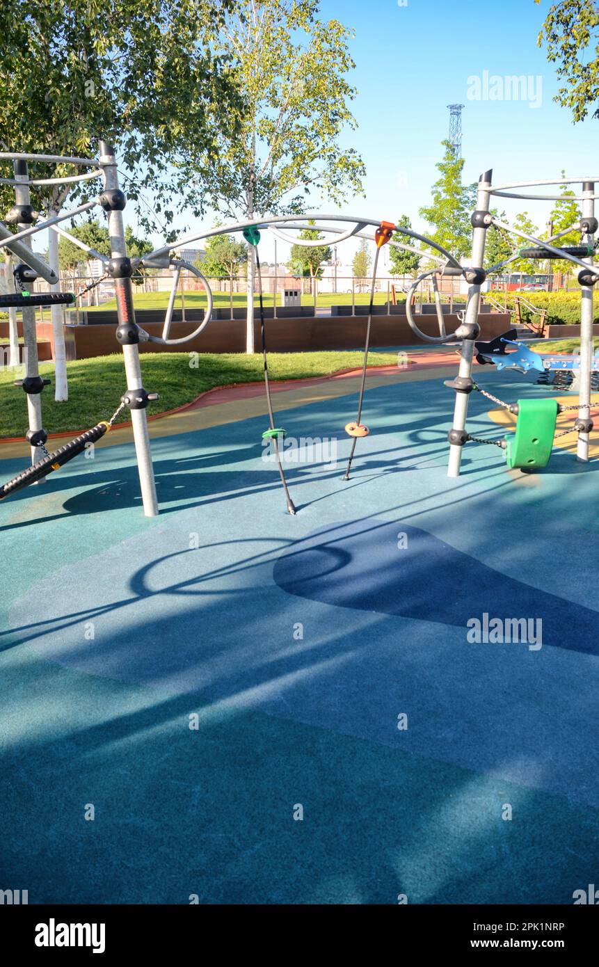 Climbing ropes at kids playground, climbing net, ropes in the