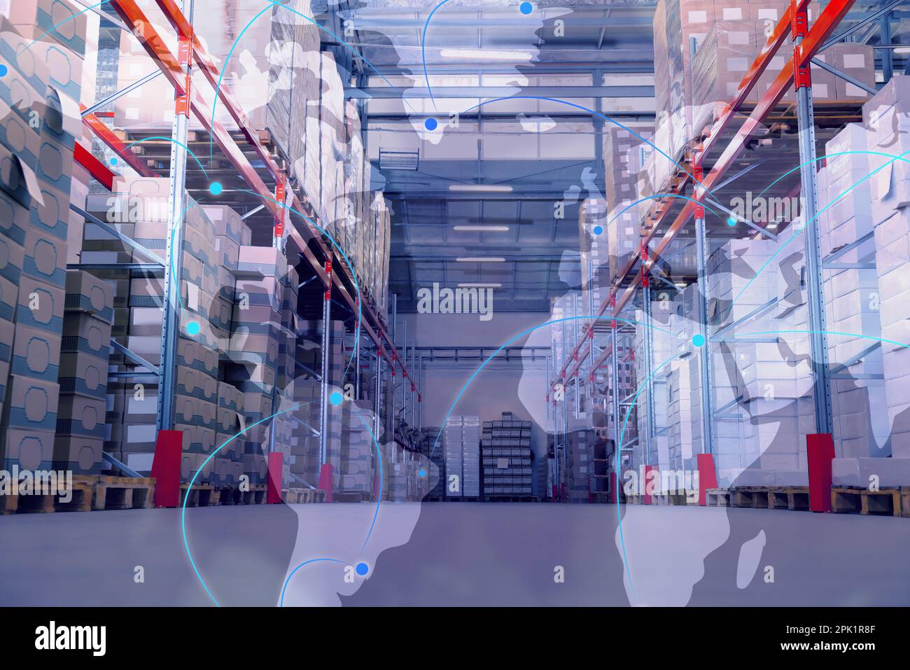 Worldwide logistics. Warehouse with lots of boxes on racks and ...