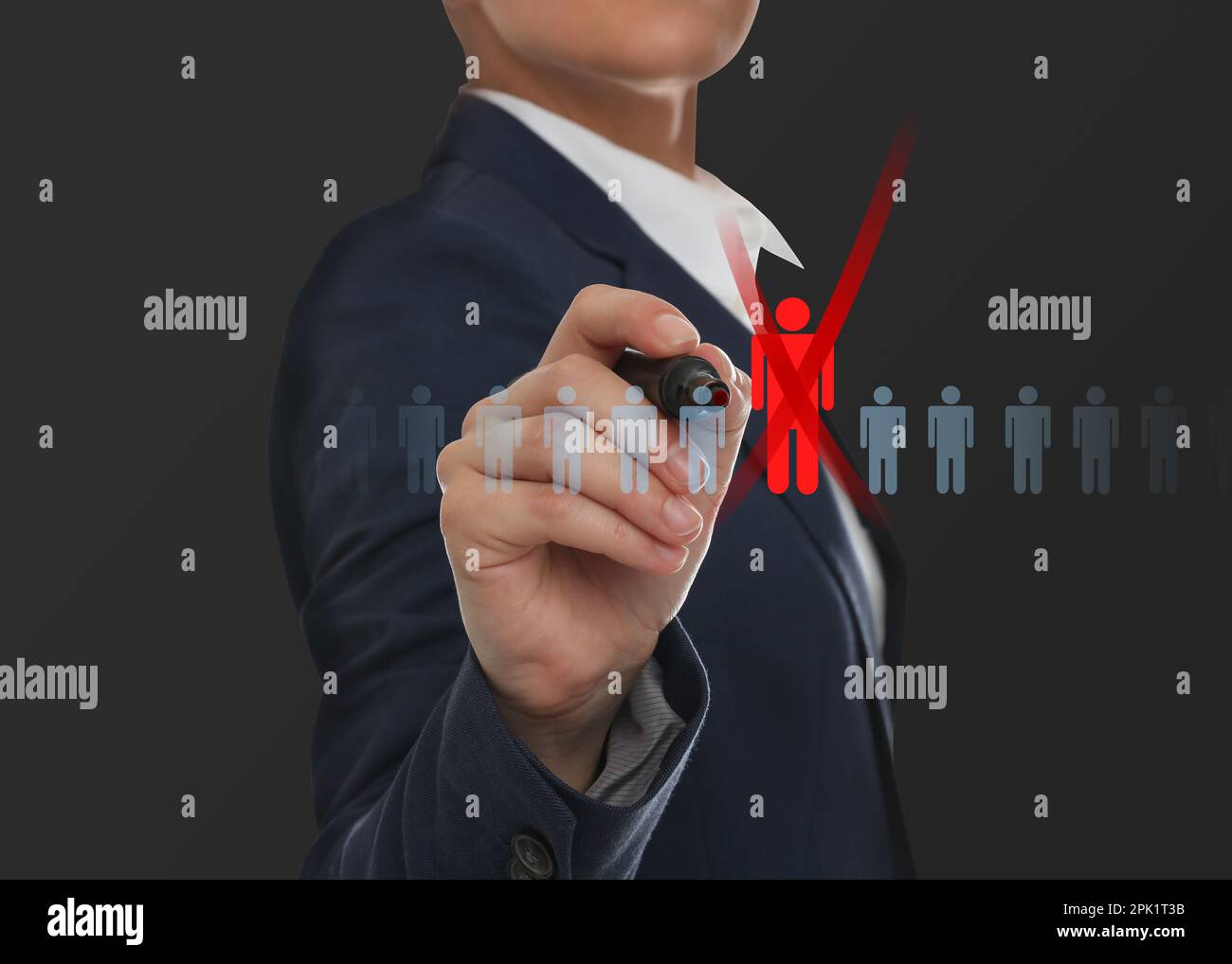 Deciding whether to dismiss employee. Woman with marker near virtual screen, closeup Stock Photo