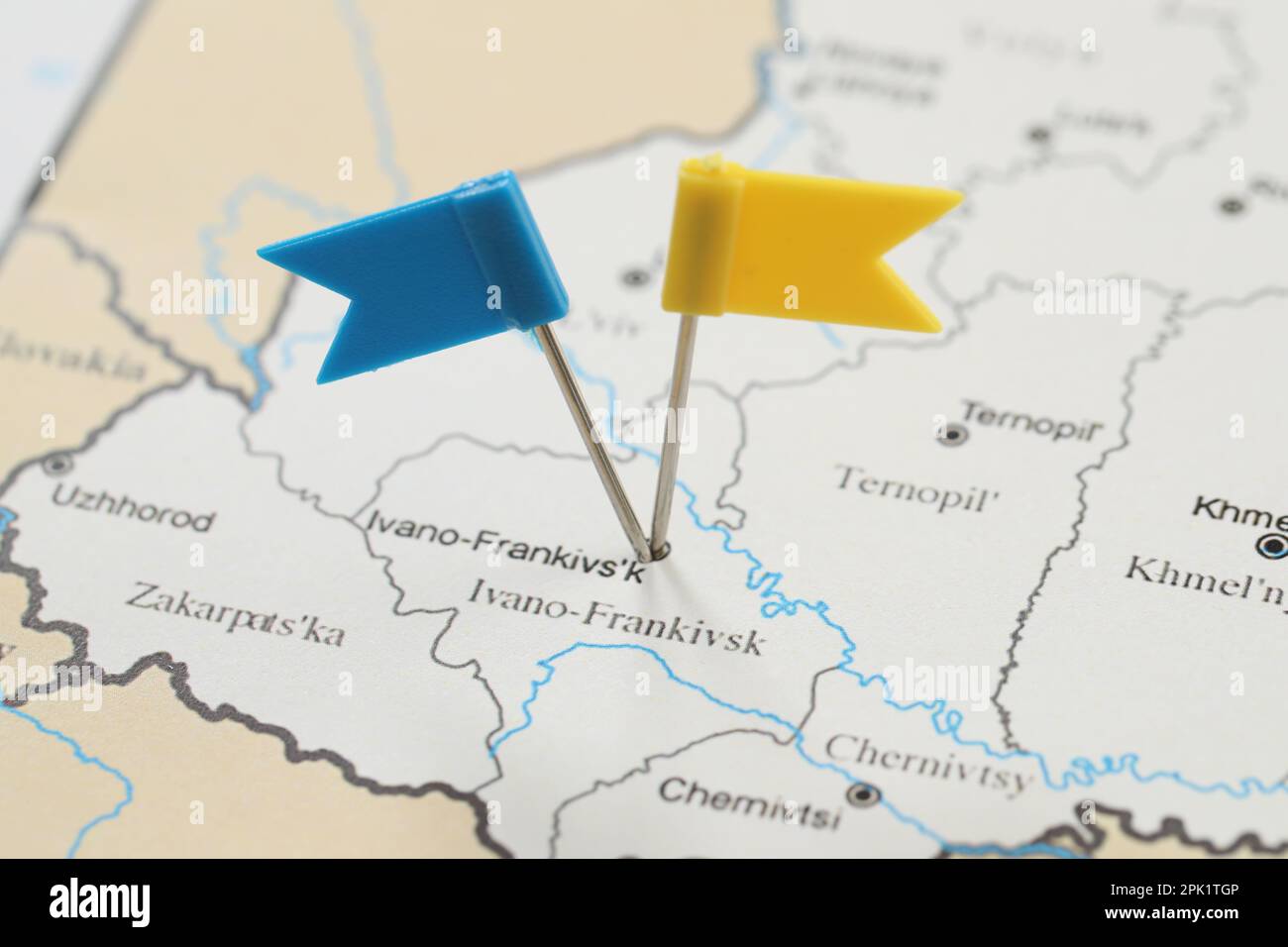 MYKOLAIV, UKRAINE - NOVEMBER 09, 2020: Ivano-Frankivsk city marked with push pins on contour map of Ukraine, closeup Stock Photo