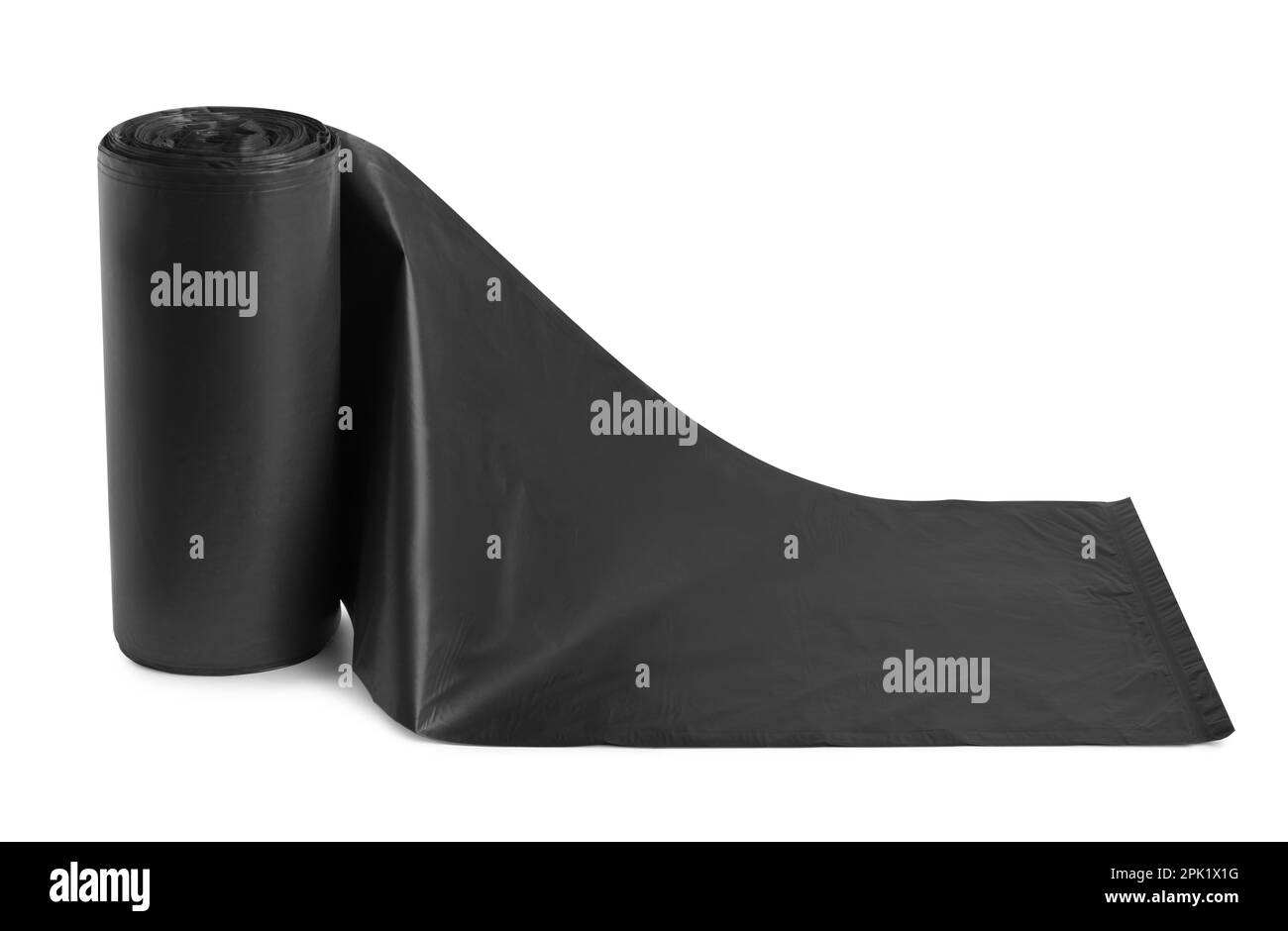 Roll of black garbage bags on white background. Cleaning supplies Stock