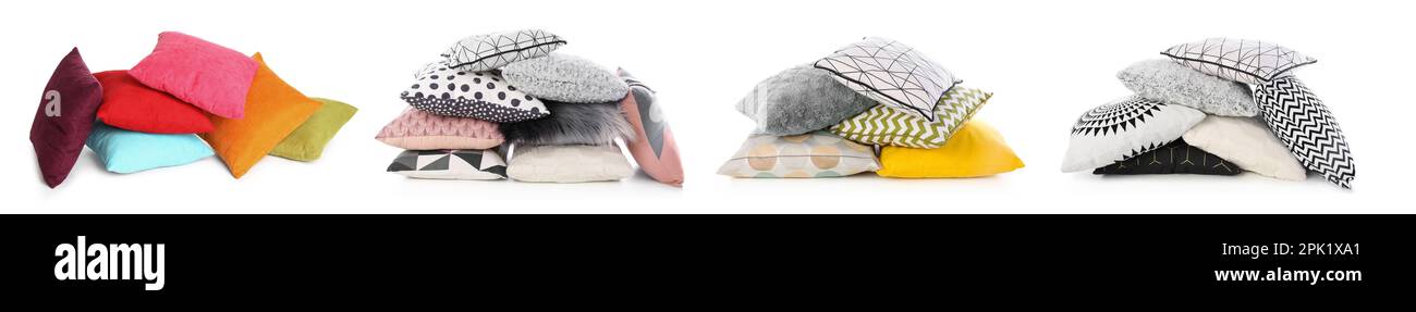 Set with different stylish decorative pillows on white background. Banner design Stock Photo