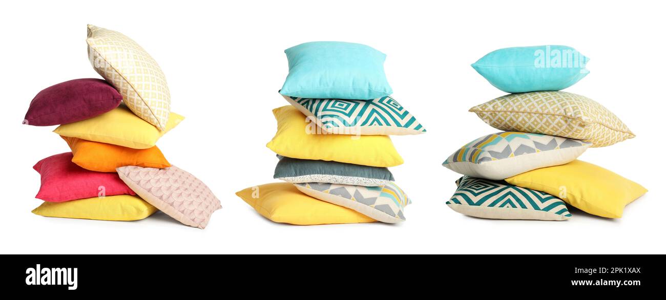 Set with different stylish decorative pillows on white background. Banner design Stock Photo