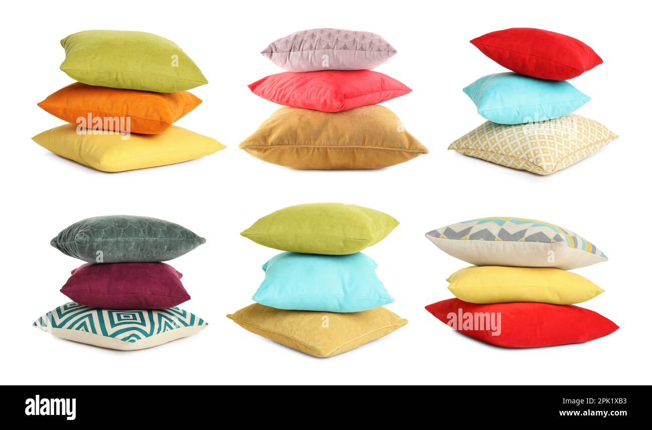 Set with different stylish decorative pillows on white background Stock Photo