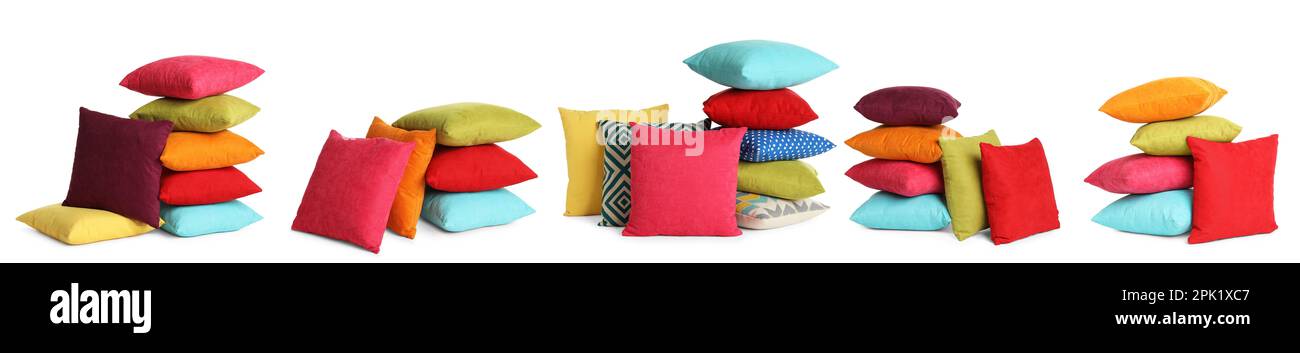 Set with different stylish decorative pillows on white background. Banner design Stock Photo