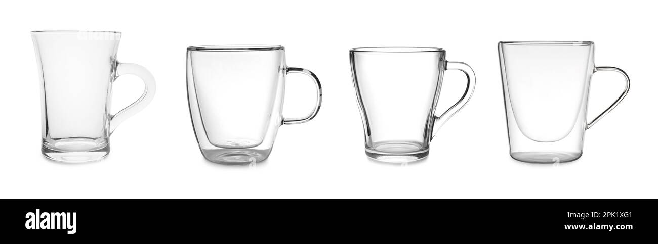 Set with different beautiful cups on white background. Banner design ...