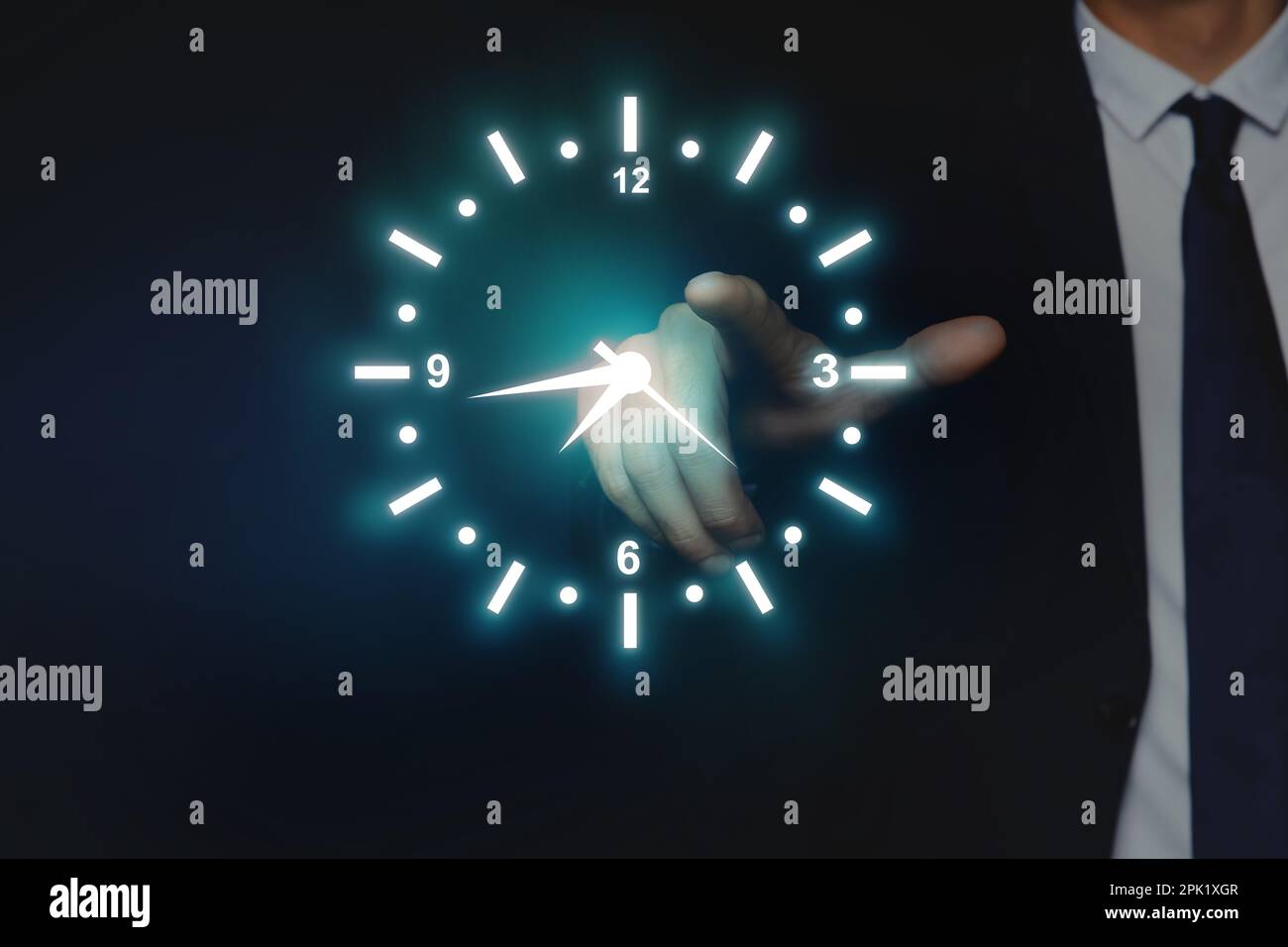 Man holding virtual icon of clock on dark background, closeup. Time ...