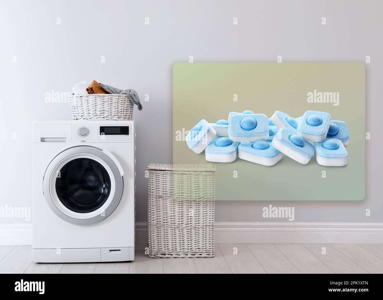 Image of water softener tablets and modern washing machine in laundry