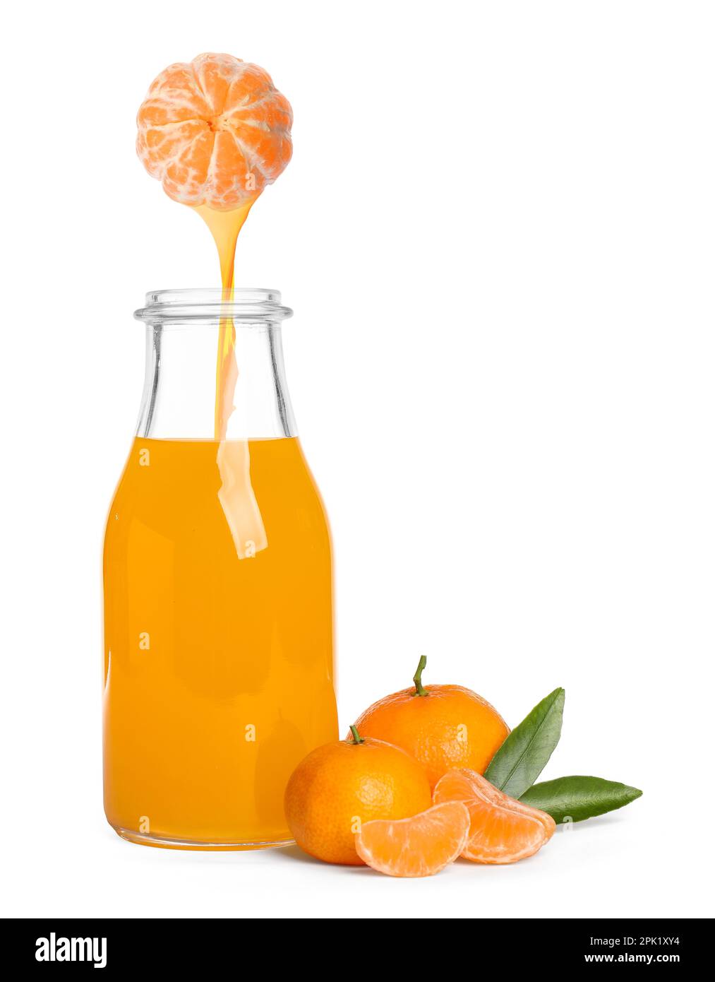 Tasty tangerine juice and fresh ripe fruits on white background Stock