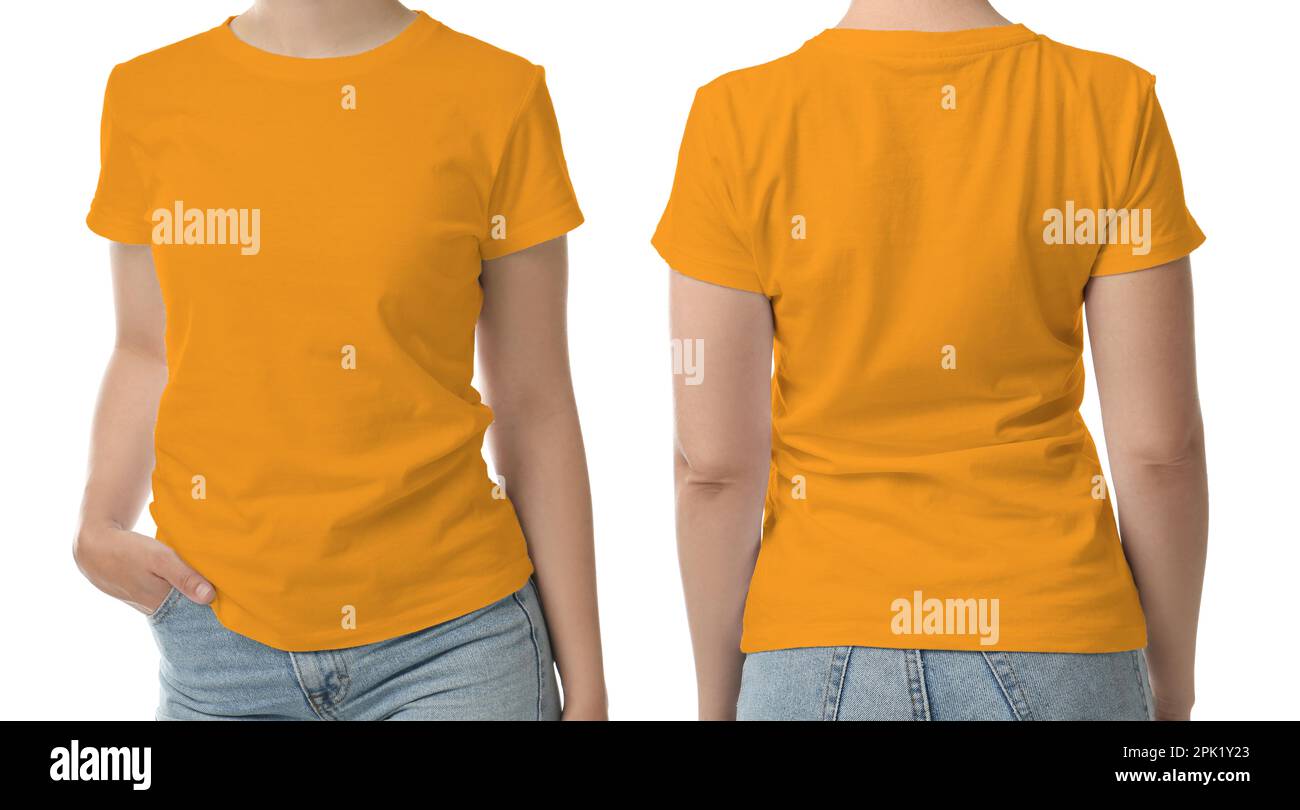 Woman wearing orange tshirt on white background, back and front view