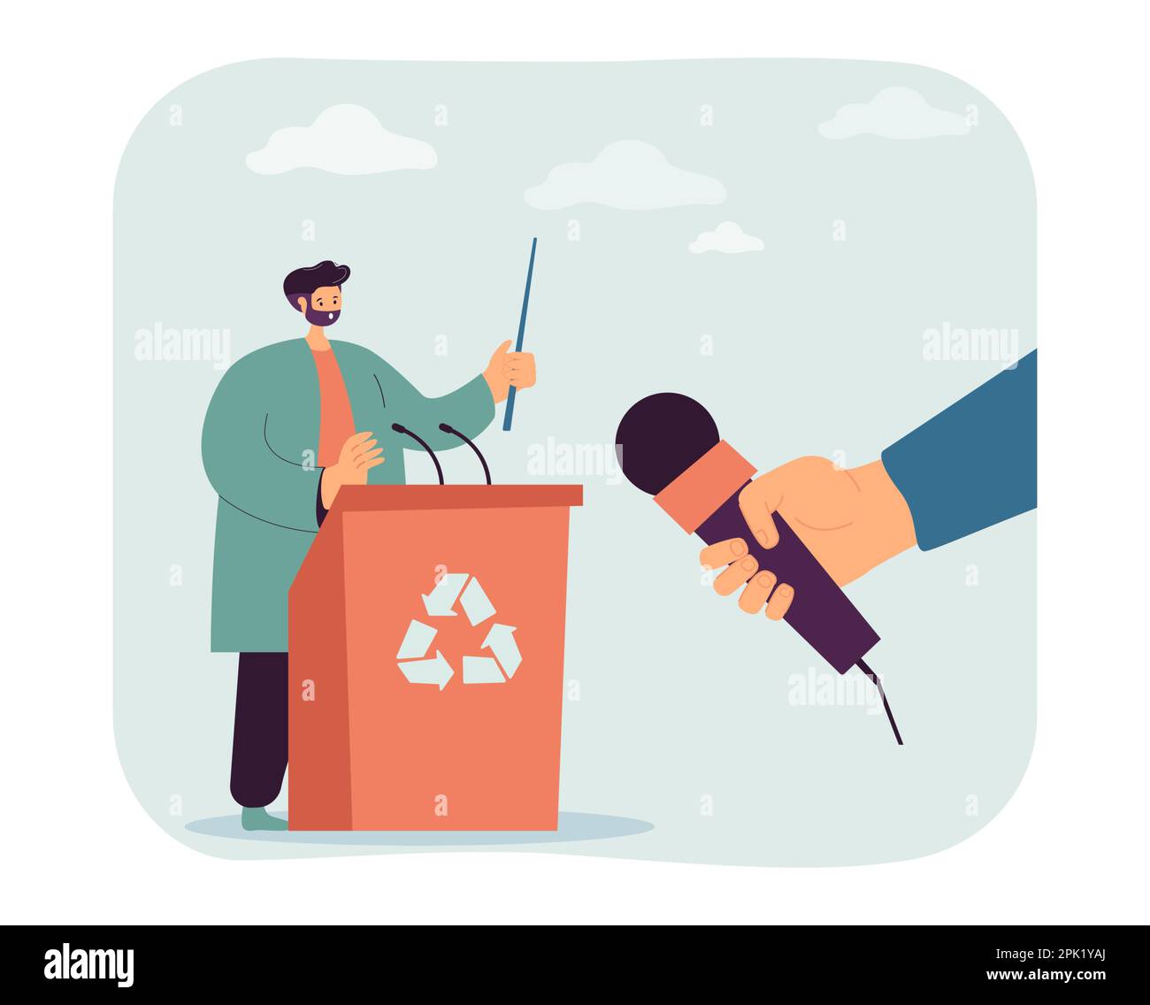 Tiny scientist or ecologist giving speech about recycling Stock Vector