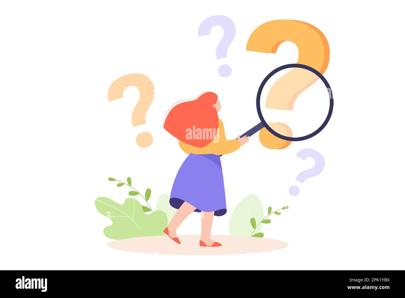 Girl looking at question marks through magnifier Stock Vector