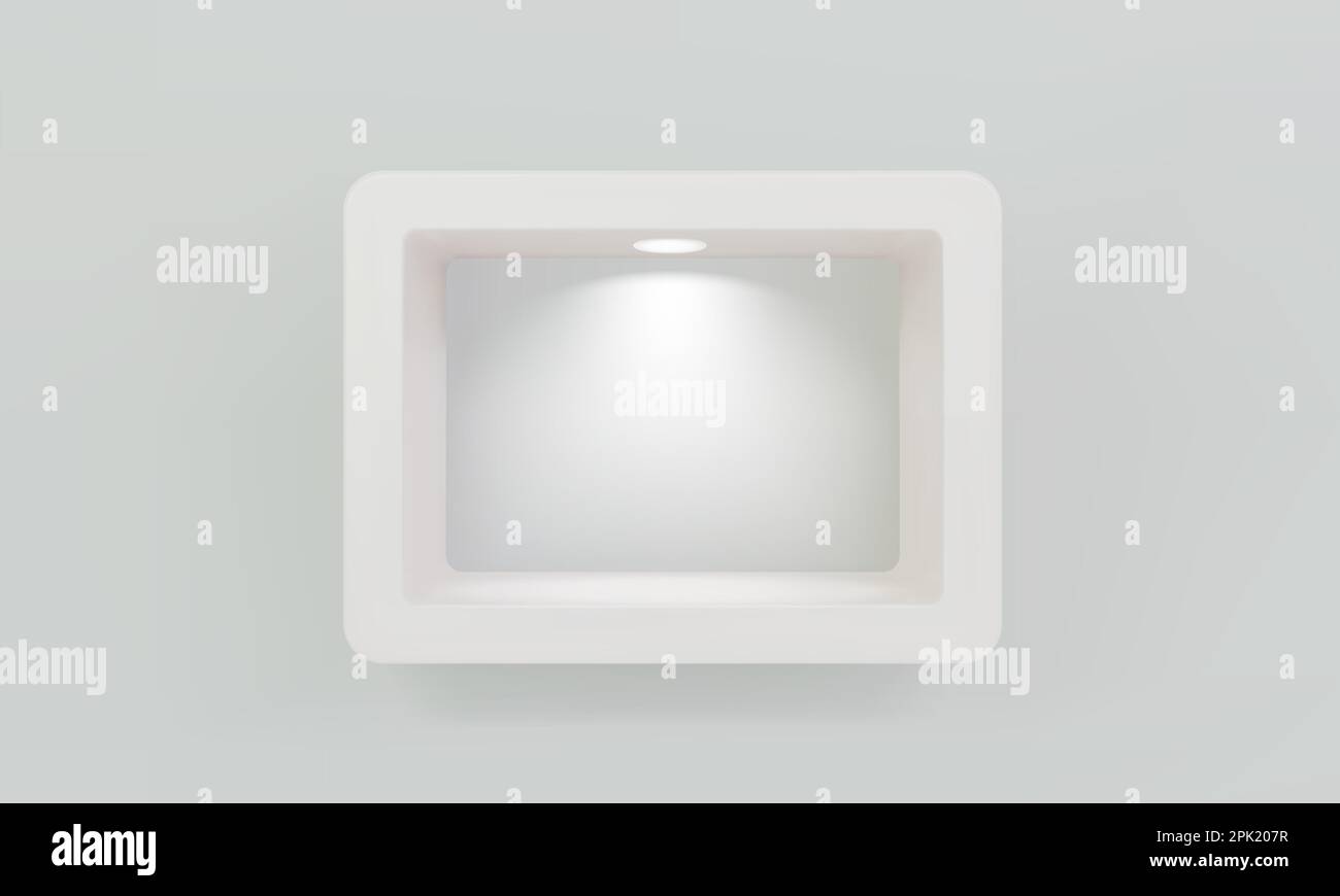 Empty white rounded rectangular shelf or niche on wall with led ...