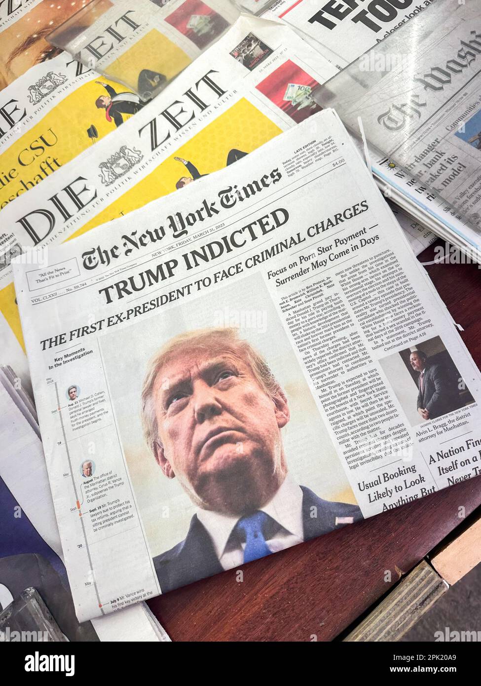 New York City, New York April 4, 2023 Headlines of newspapers in New