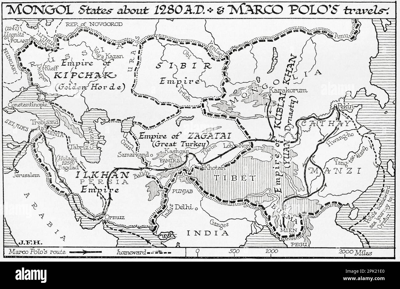Map of the Mongol States c. 1280 AD and Marco Polo's travels.  From the book Outline of History by H.G. Wells, published 1920. Stock Photo