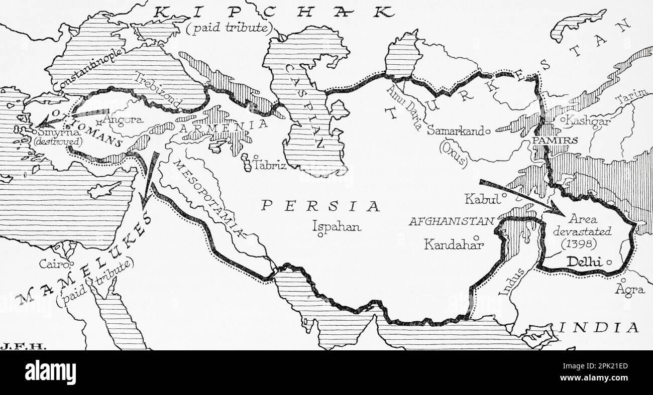 Map showing the Timurid Empire, (modern-day Afghanistan, Iran, Iraq and Central Asia, also parts of Pakistan, North India and Turkey) founded by Timur, aka Tamerlane, 1336 – 1405.  From the book Outline of History by H.G. Wells, published 1920. Stock Photo