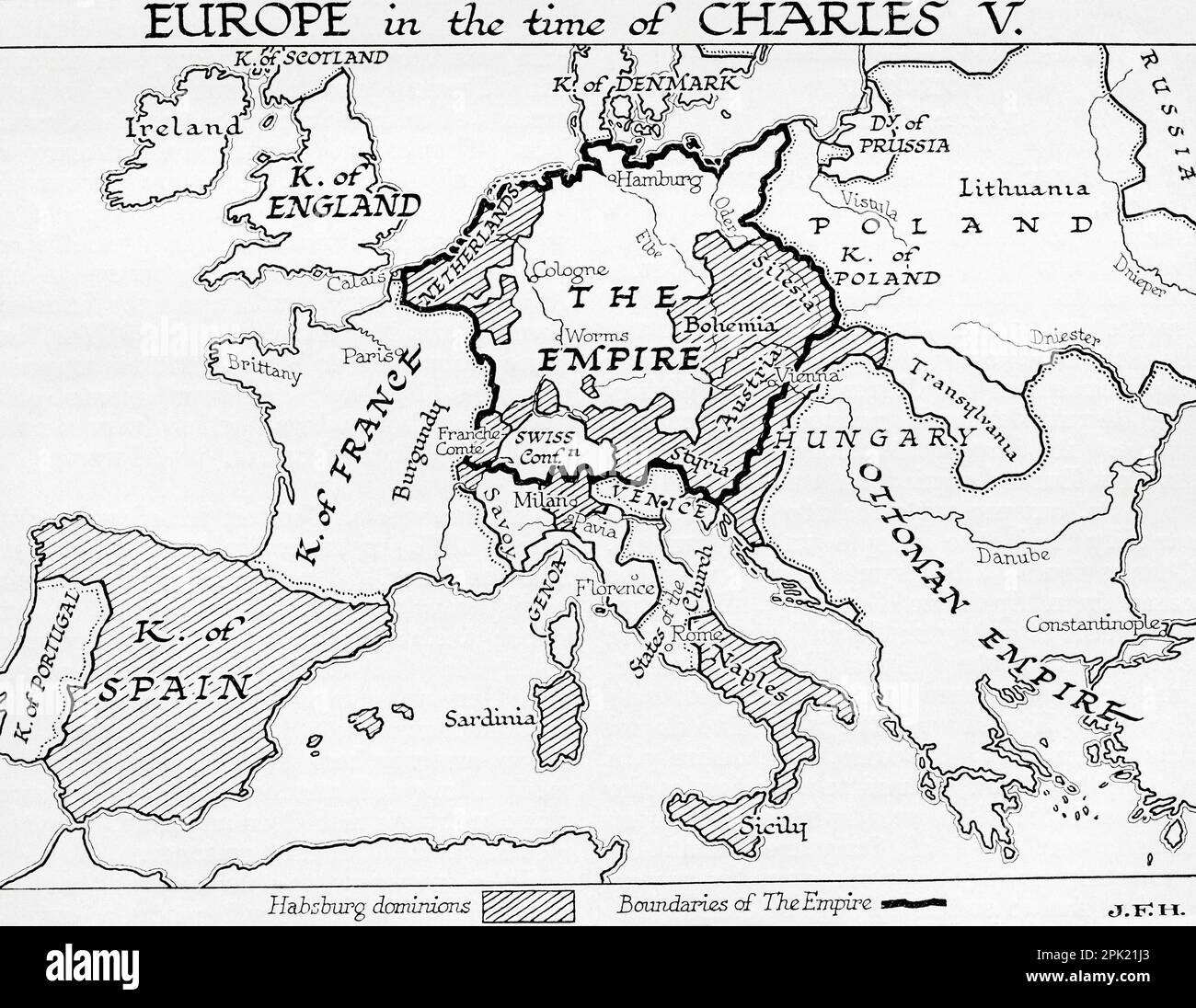 Map of Europe in the time of Charles V, Holy Roman Emperor, 16th century.  From the book Outline of History by H.G. Wells, published 1920. Stock Photo